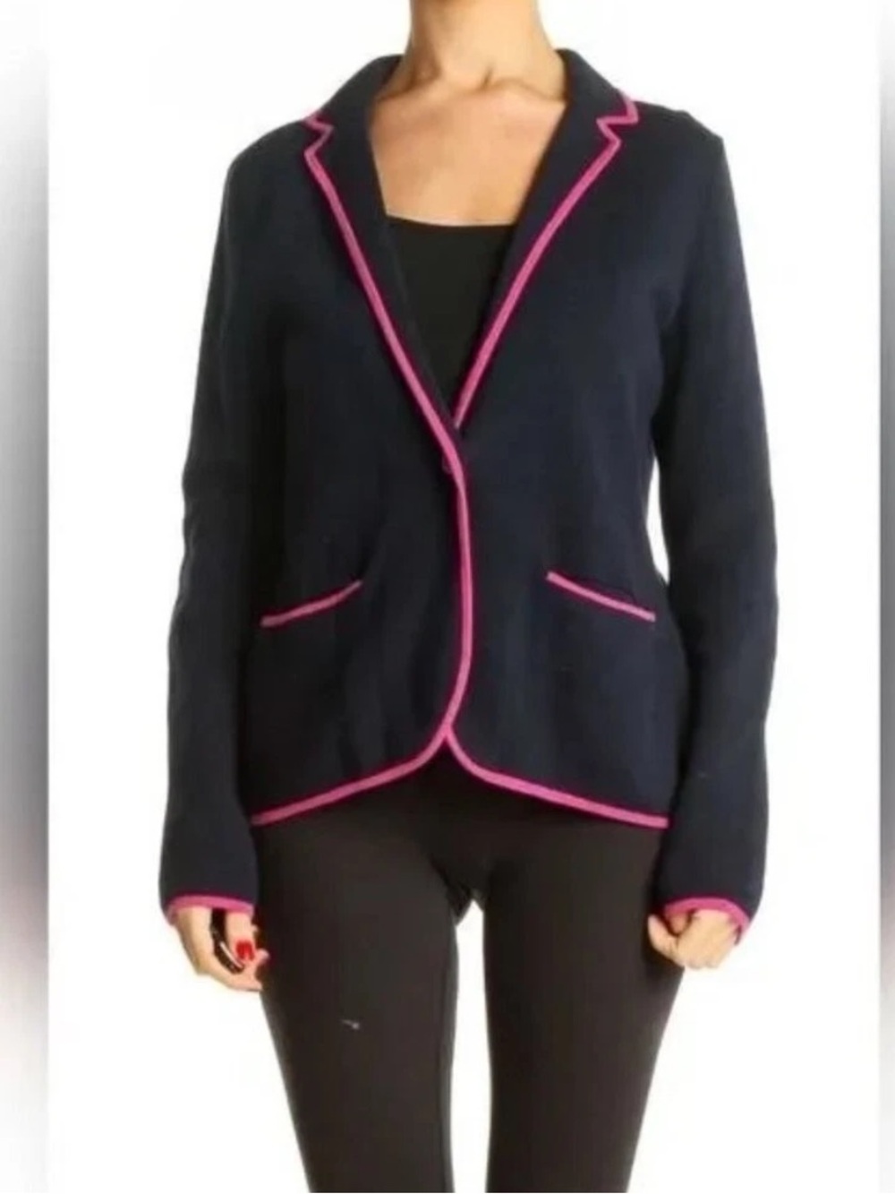 Talbots Women’s M Navy Blue Cotton Knit Blazer Hot Pink Trim Preppy Jacket